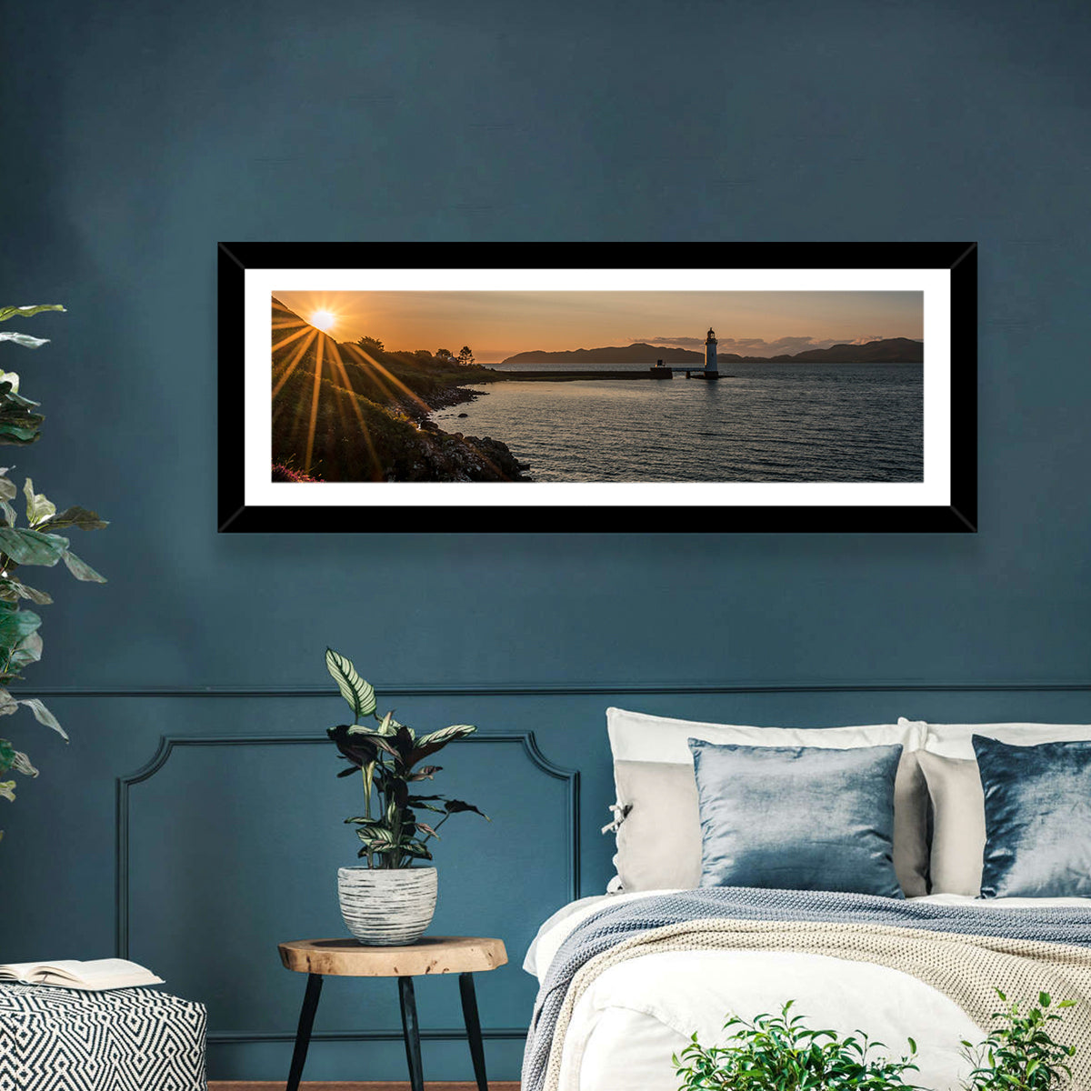 Dunollie Lighthouse Golden Hour Wall Art in a room, panoramic
