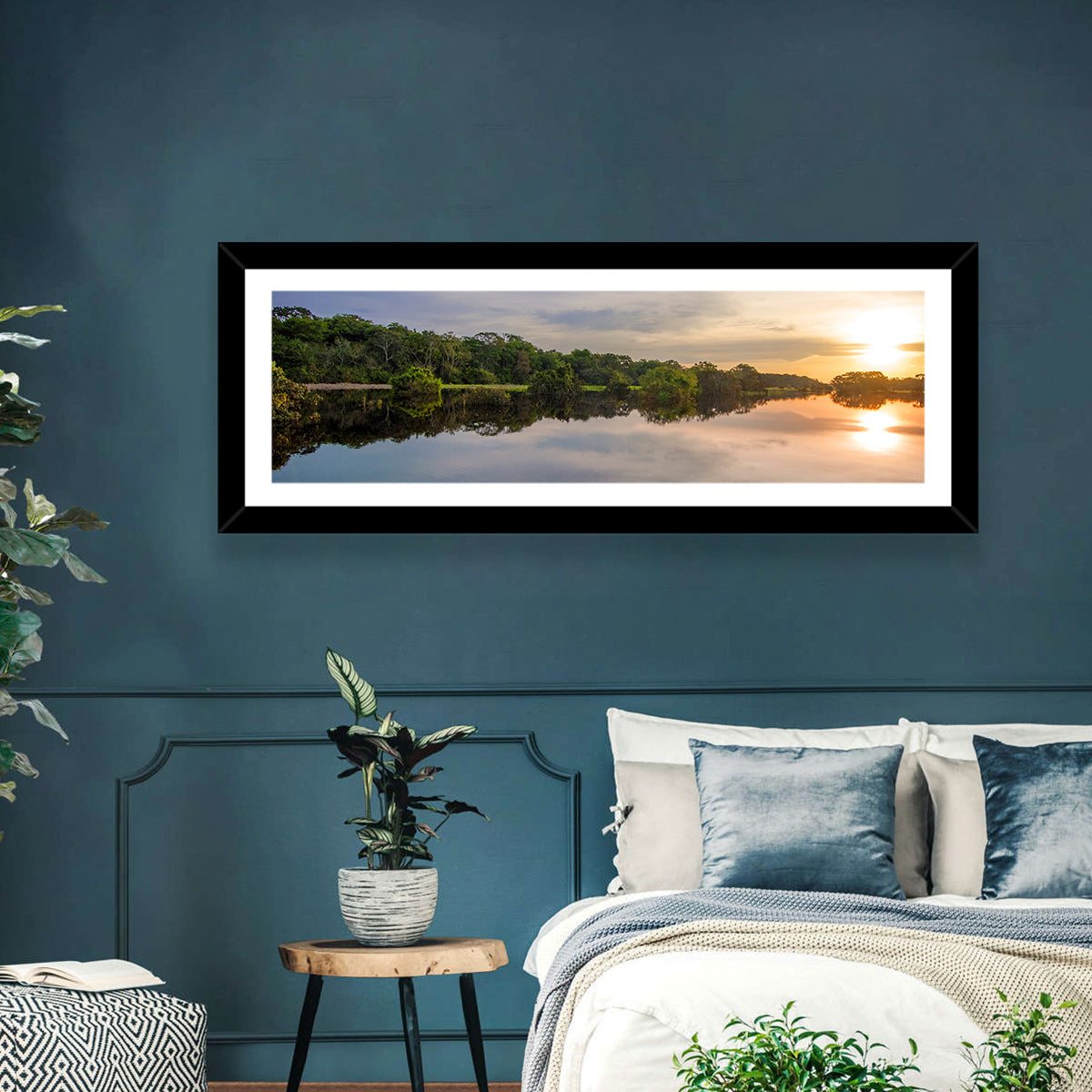 Amazon River Sunset Reflection Wall Art in a room, panoramic