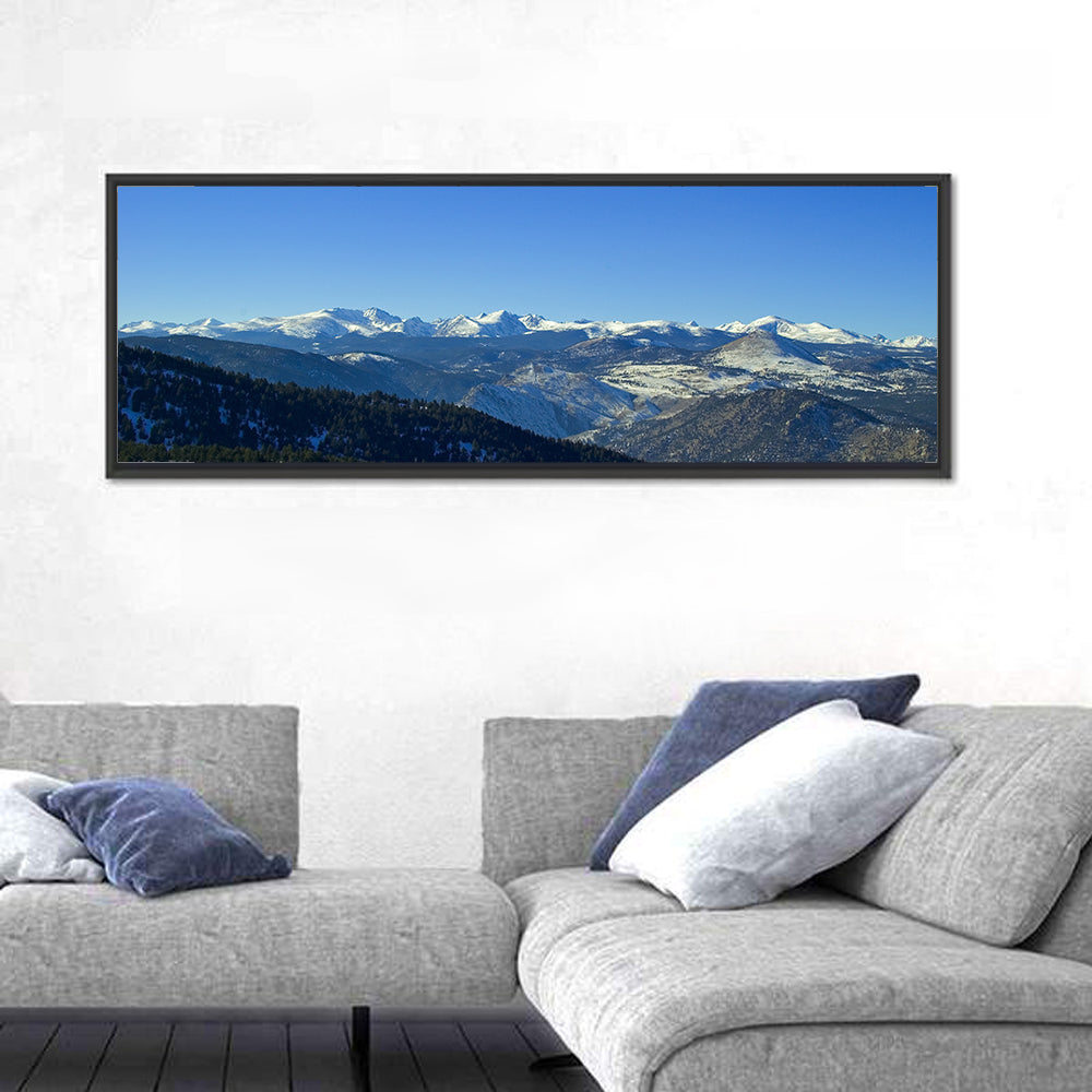 Snow-dusted Colorado Rockies Wall Art in a room, panoramic