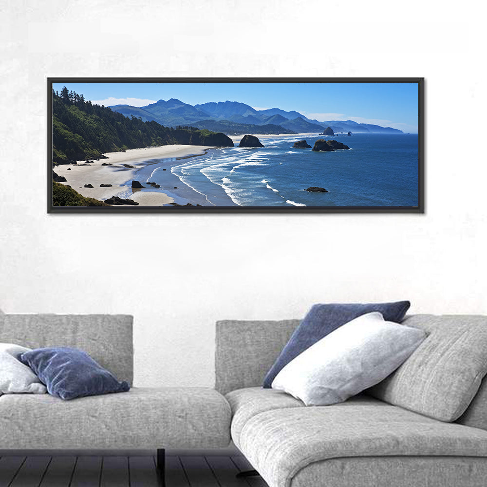 Cannon Beach Morning Shoreline Wall Art in a room, panoramic