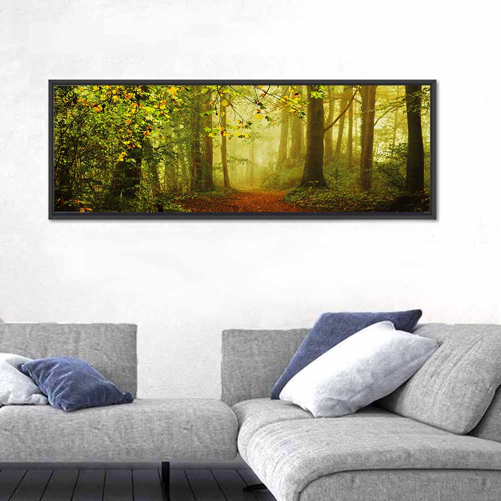 Smoggy Forest Wall Art in a room, panoramic