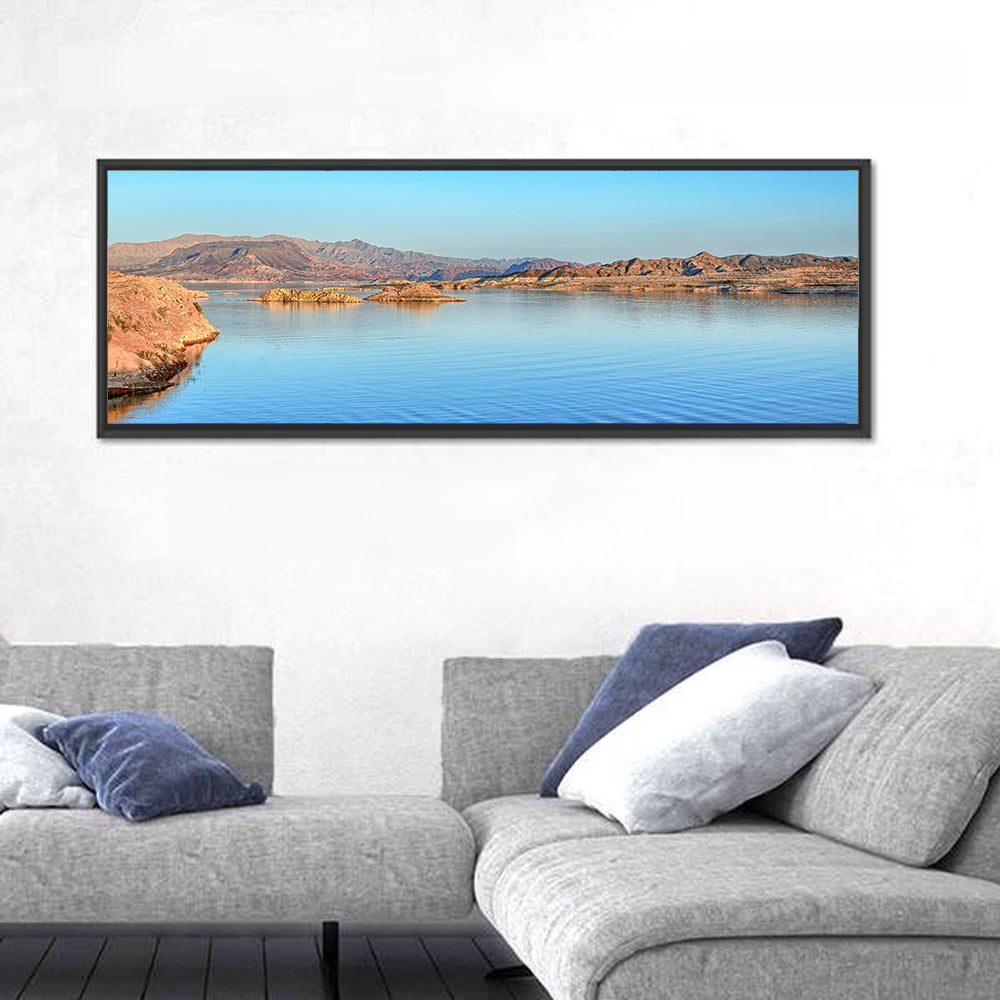 Lake Mead Rocky Shoreline Wall Art in a room, panoramic