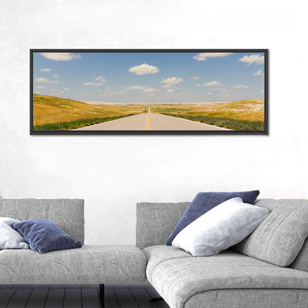 North Dakota Road to Horizon Wall Art in a room, panoramic