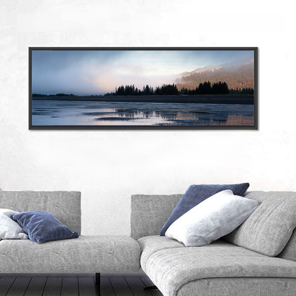 Lake Clark Foggy Shoreline Wall Art in a room, panoramic