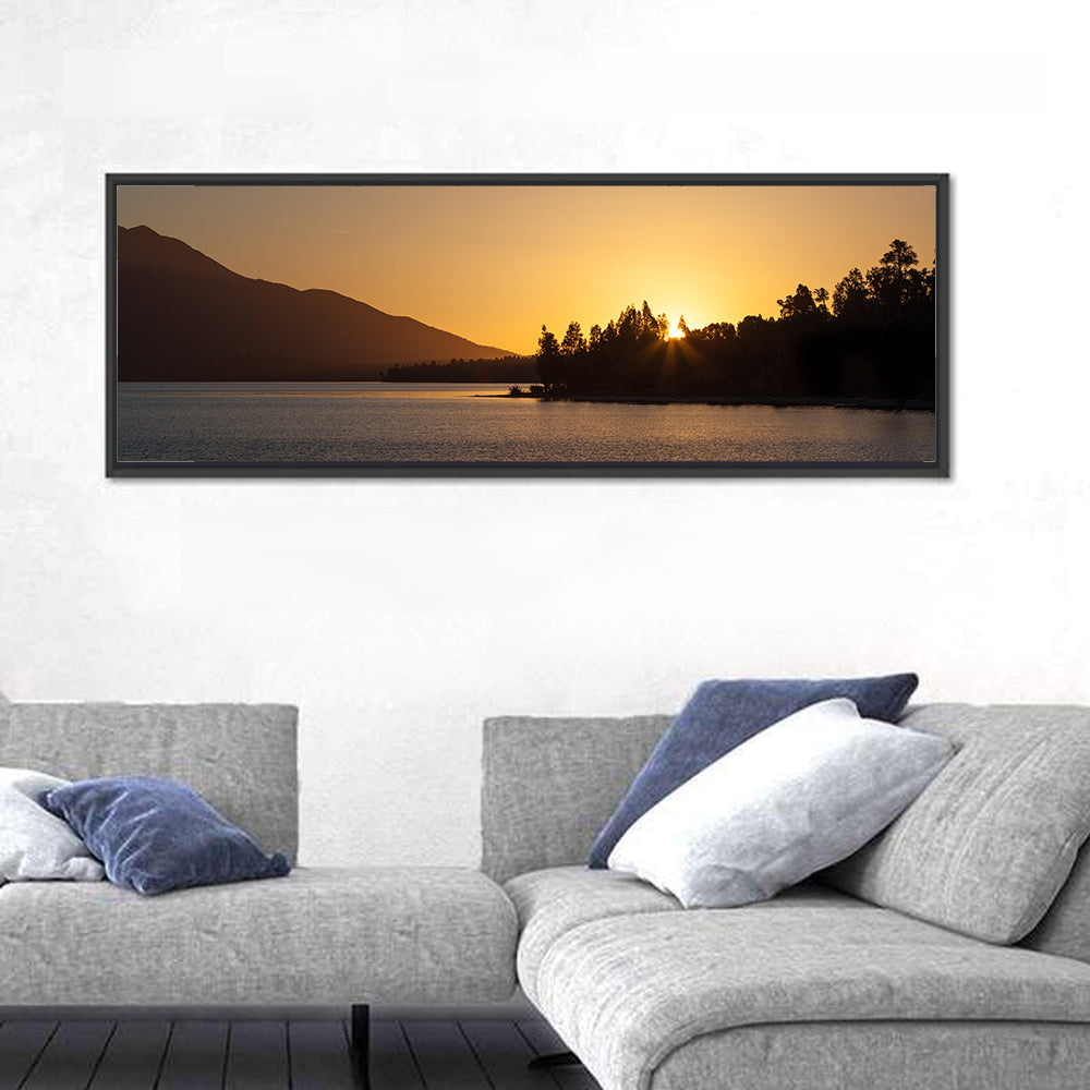 Lake Brunner Golden Sunset Wall Art in a room, panoramic