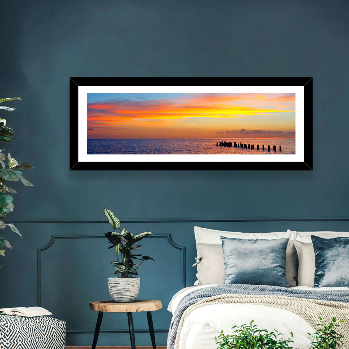 Naples Pier at Sunset Wall Art in a room, panoramic