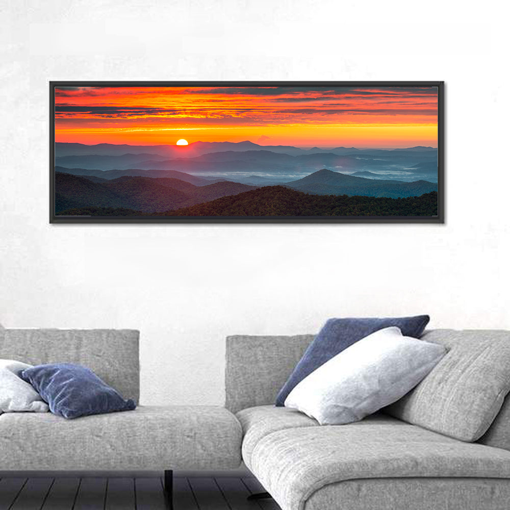 Blue Ridge Sunrise Over Misty Ridges Wall Art in a room, panoramic