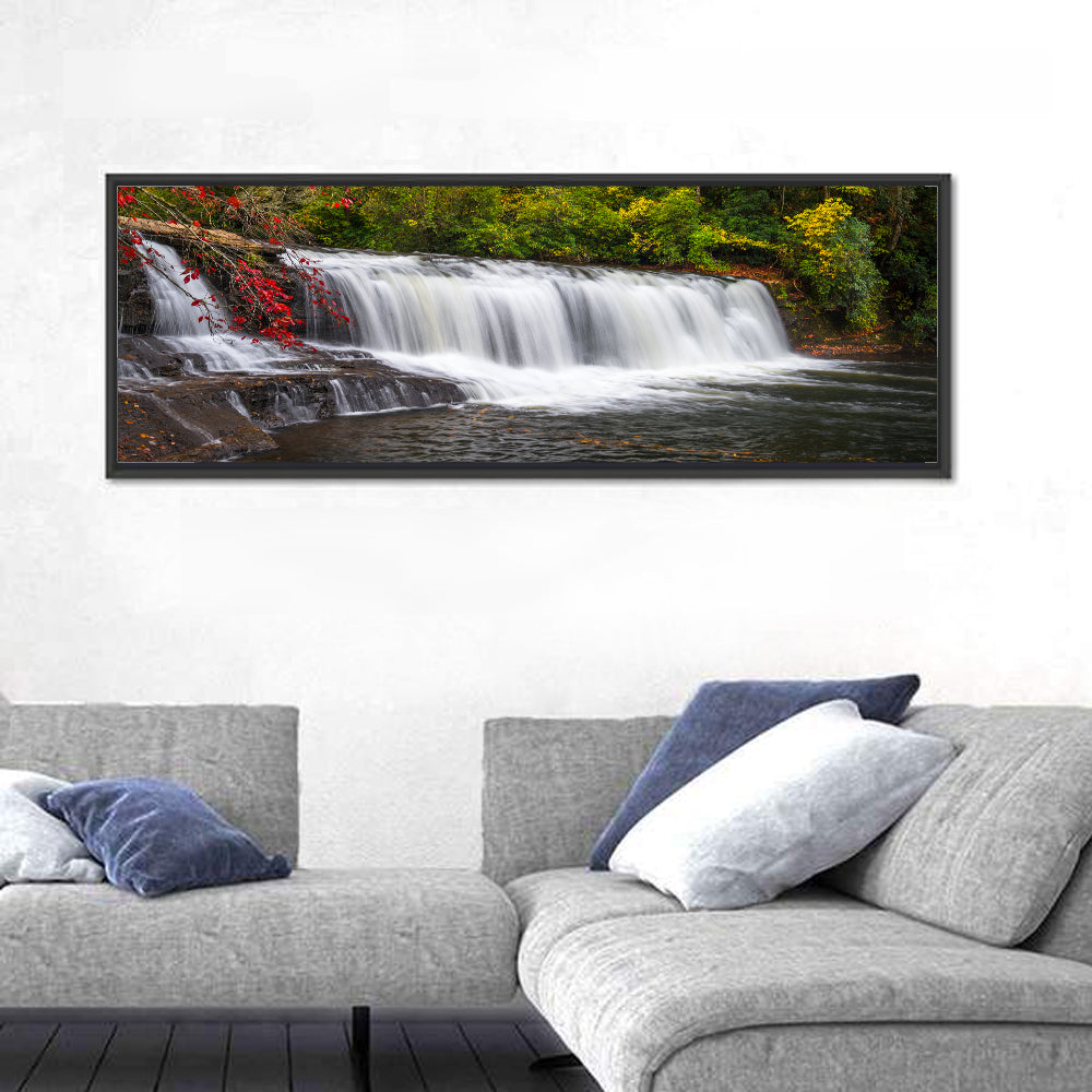 Blue Ridge Autumn Waterfall Wall Art in a room, panoramic