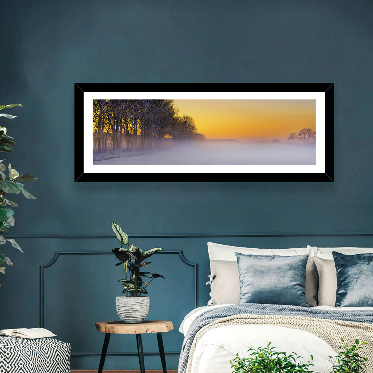 Winter Fog at Sunset Wall Art in a room, panoramic
