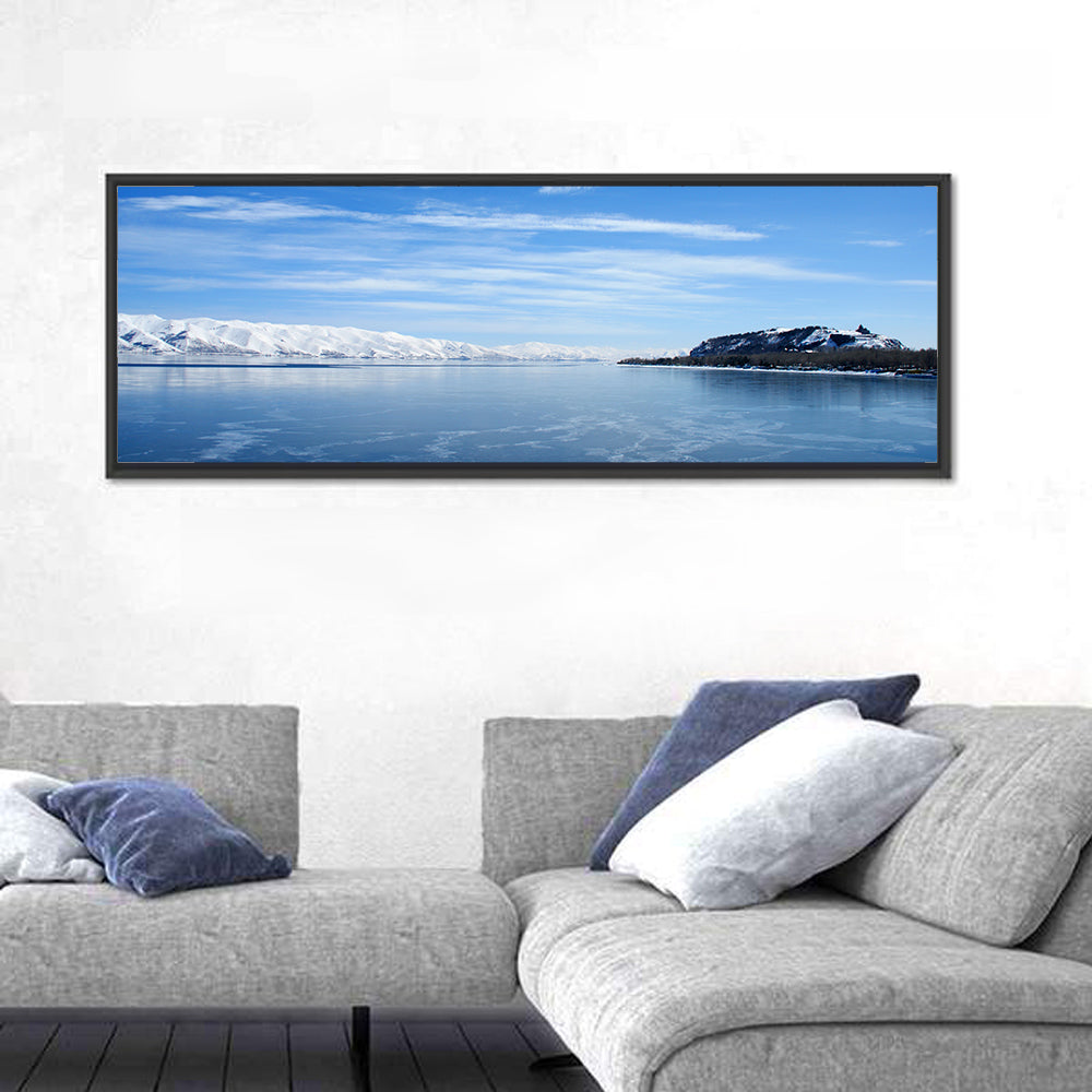Lake Sevan in Winter Wall Art in a room, panoramic