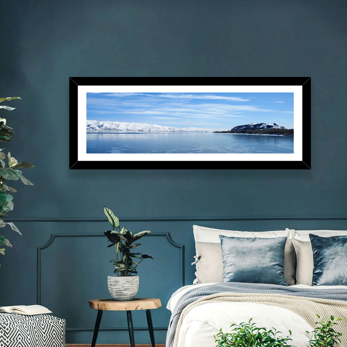 Lake Sevan in Winter Wall Art in a room, panoramic