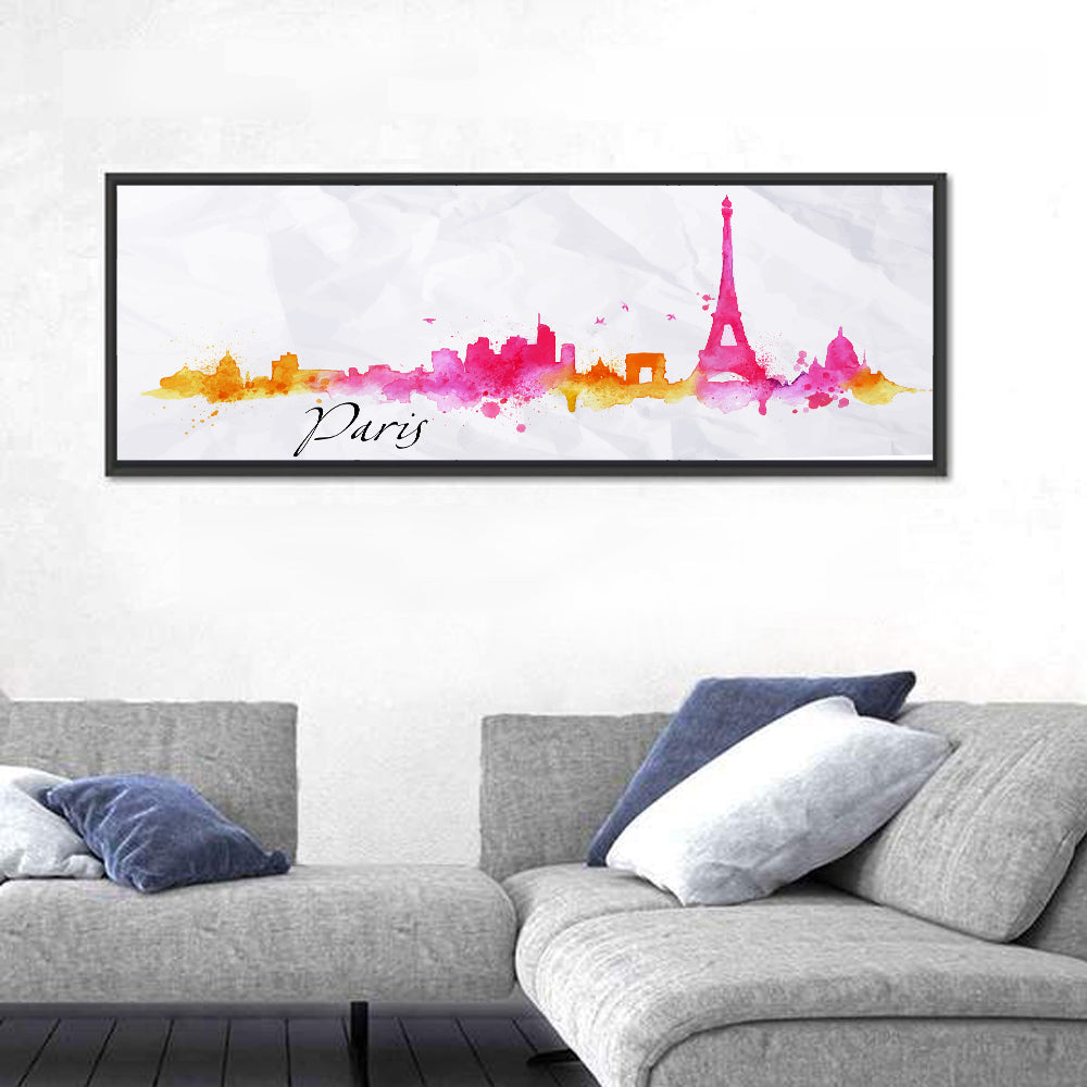 Paris Watercolor Sketch Wall Art in a room, panoramic