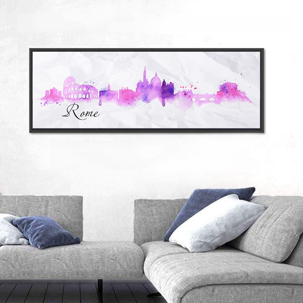 Watercolor Rome Skyline Wall Art in a room, panoramic