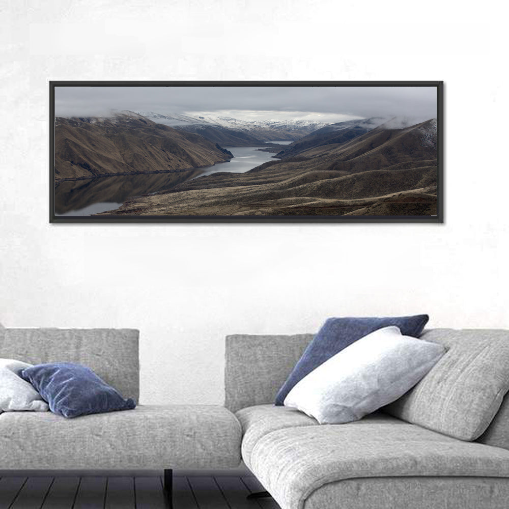 Snow-dusted Snake River Canyon Wall Art in a room, panoramic