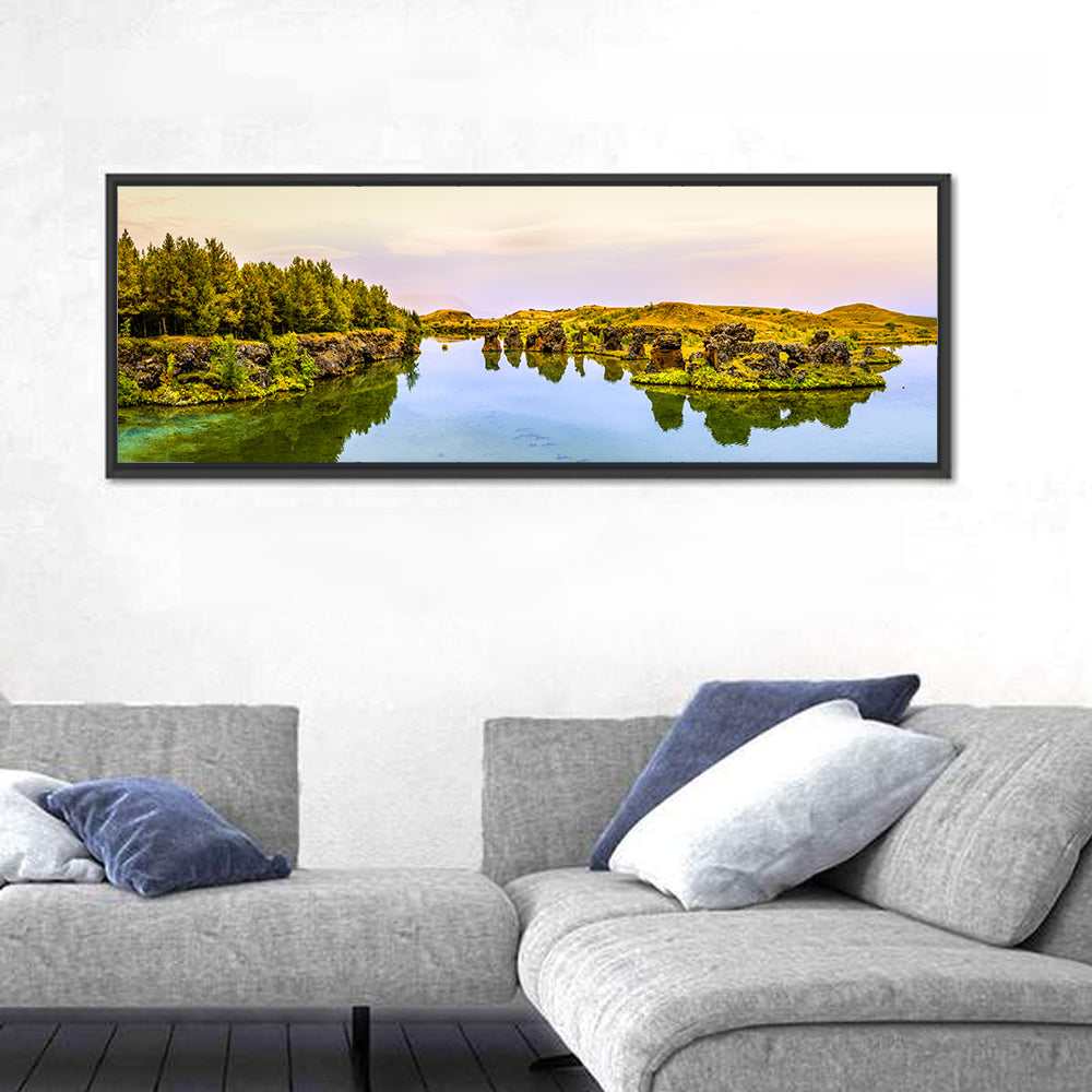 Lake Myvatn Reflections Wall Art in a room, panoramic