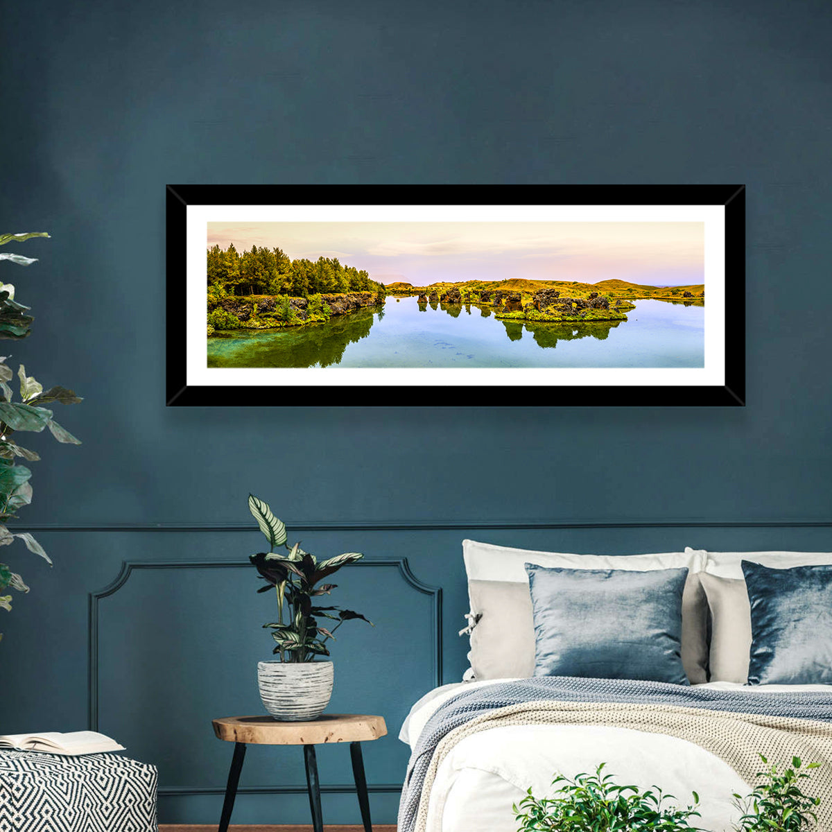 Lake Myvatn Reflections Wall Art in a room, panoramic