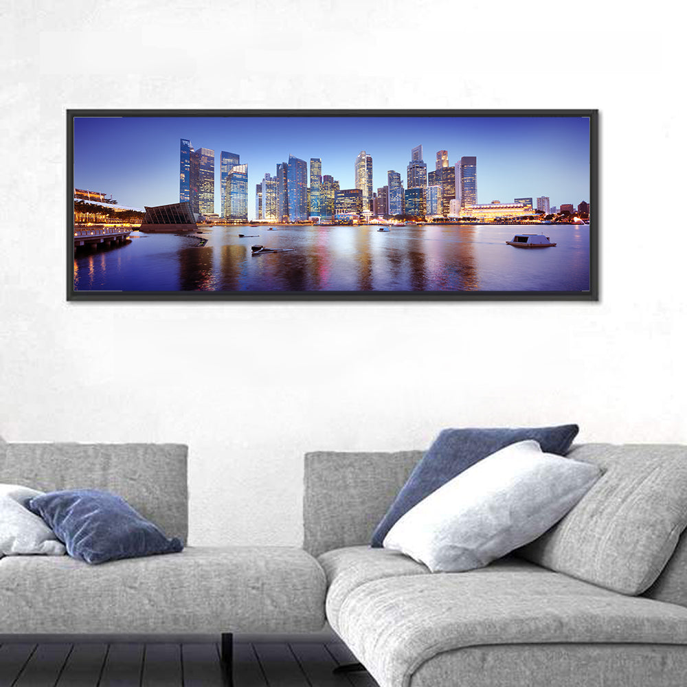 Singapore Marina Bay Skyline at Twilight Wall Art in a room, panoramic