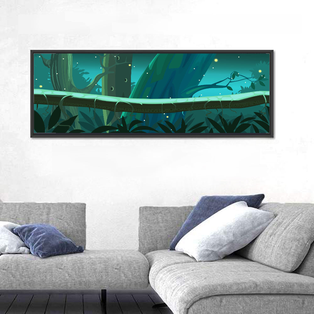 Digital Jungle Night Wall Art in a room, panoramic