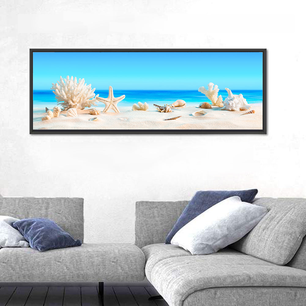 Seashells on Turquoise Shore Wall Art in a room, panoramic