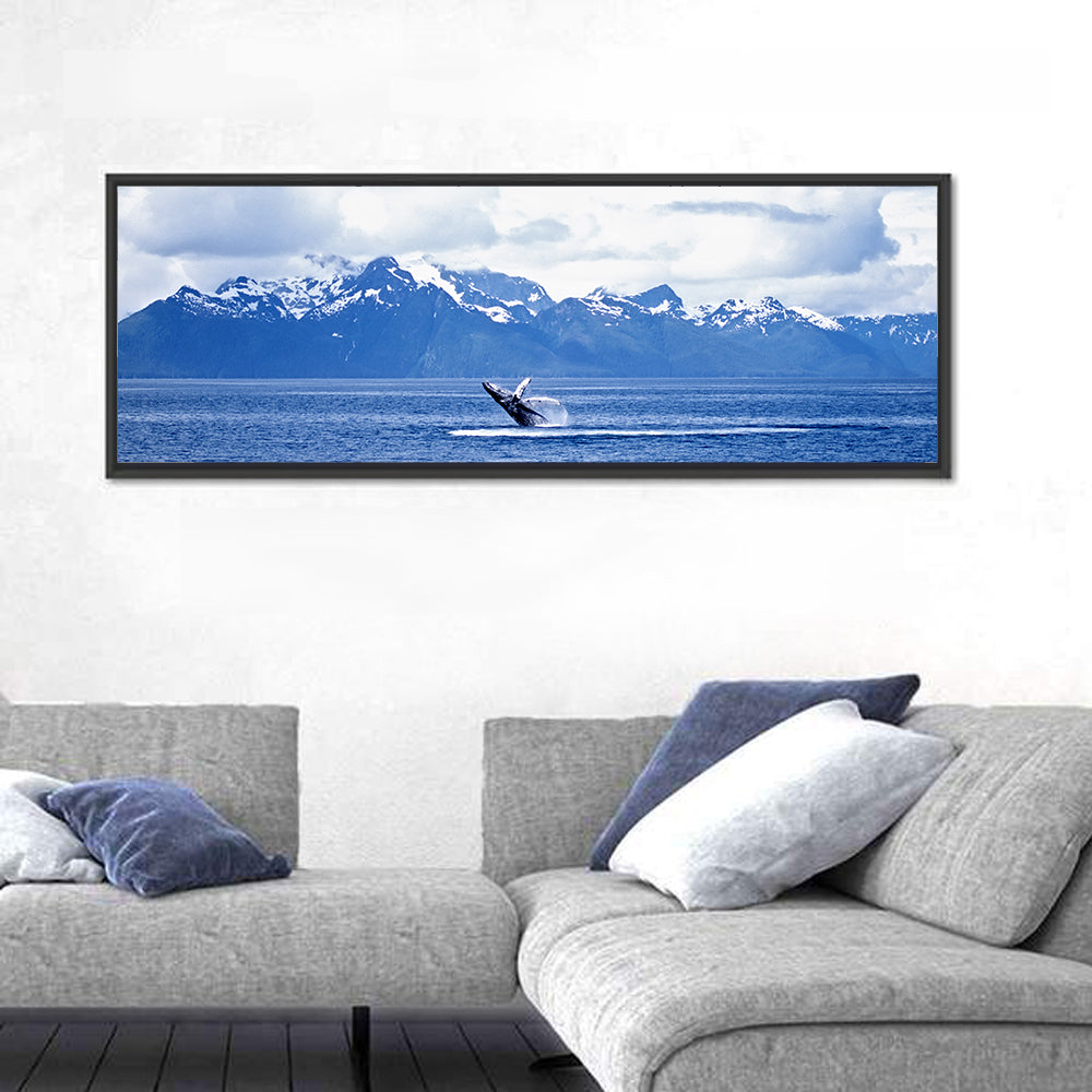 Humpback Whale with Snow Capped Mountains Wall Art in a room, panoramic