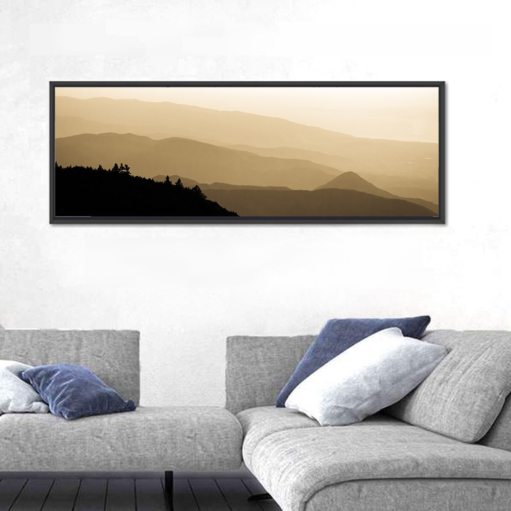 Foggy Mountain Sunset with Evergreen Silhouettes Wall Art