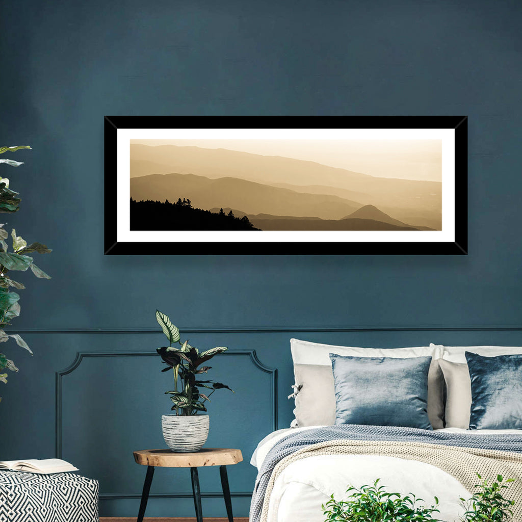 Foggy Mountain Sunset with Evergreen Silhouettes Wall Art