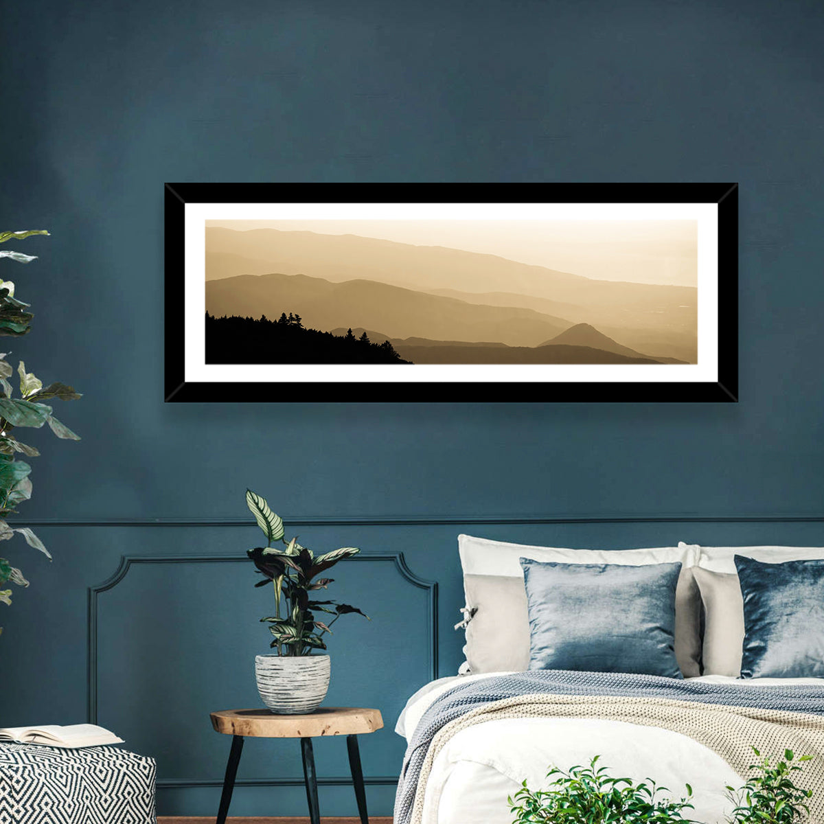 Foggy Mountain Sunset with Evergreen Silhouettes Wall Art