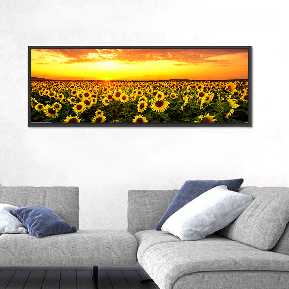 Golden Hour Sunflower Field Wall Art in a room, panoramic