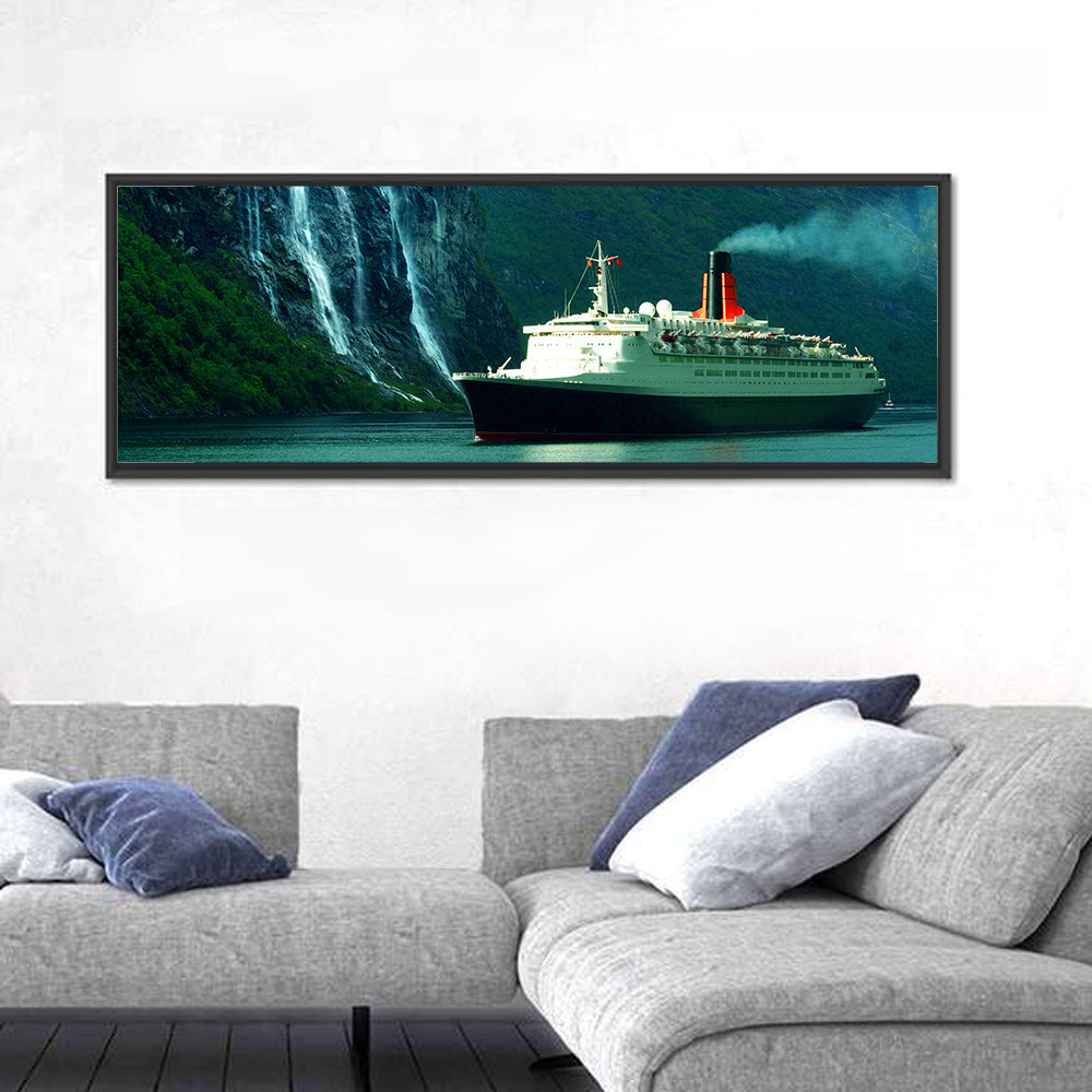 Cruise Ship at Geiranger Fjord Wall Art in a room, panoramic