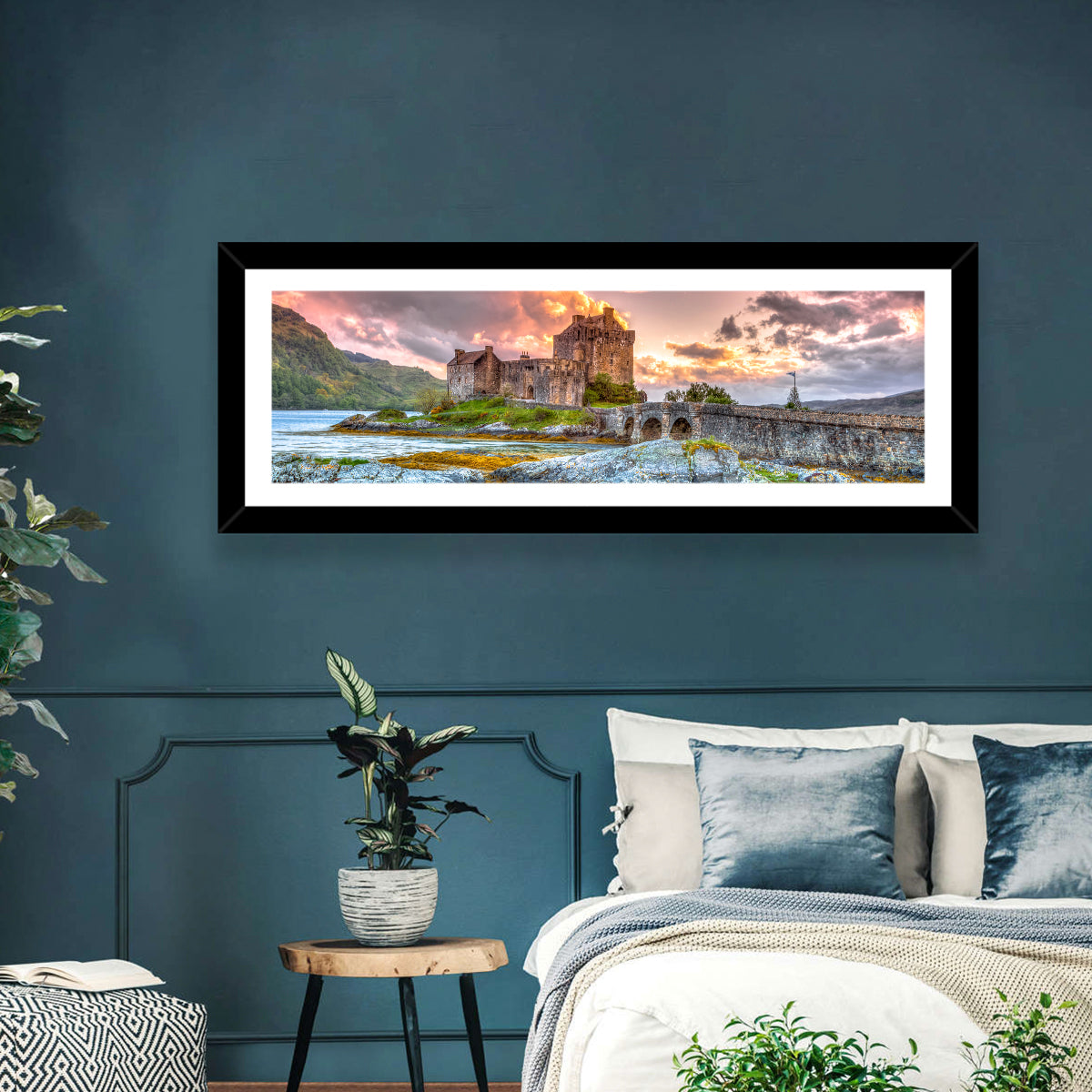Eilean Donan Castle at Sunset Wall Art in a room, panoramic