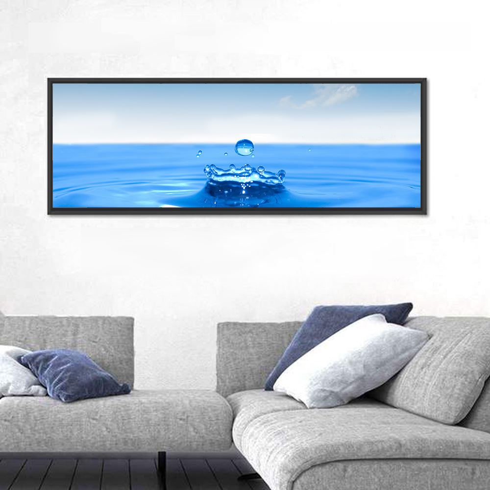 Ocean Water Drop Wall Art in a room, panoramic