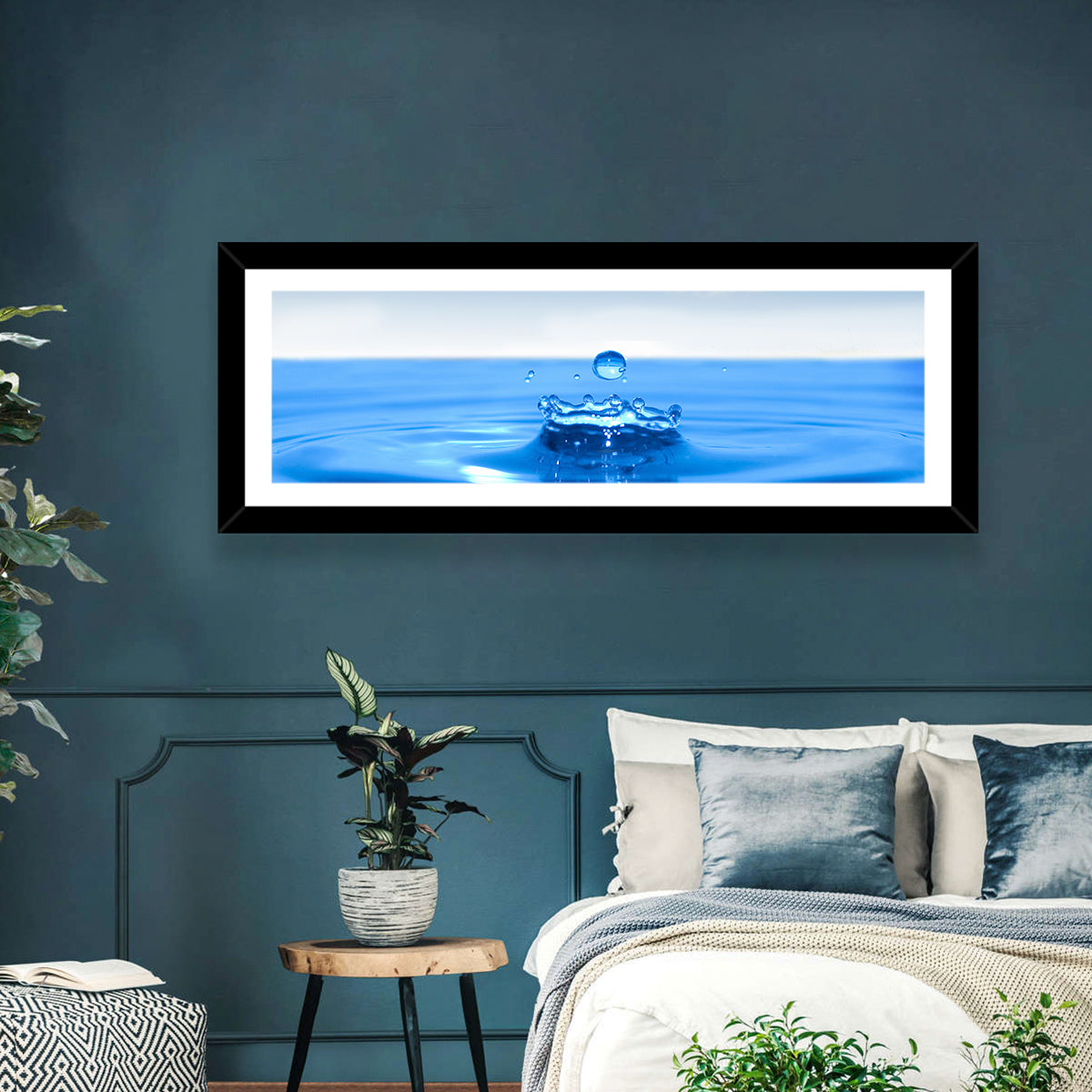 Ocean Water Drop Wall Art in a room, panoramic