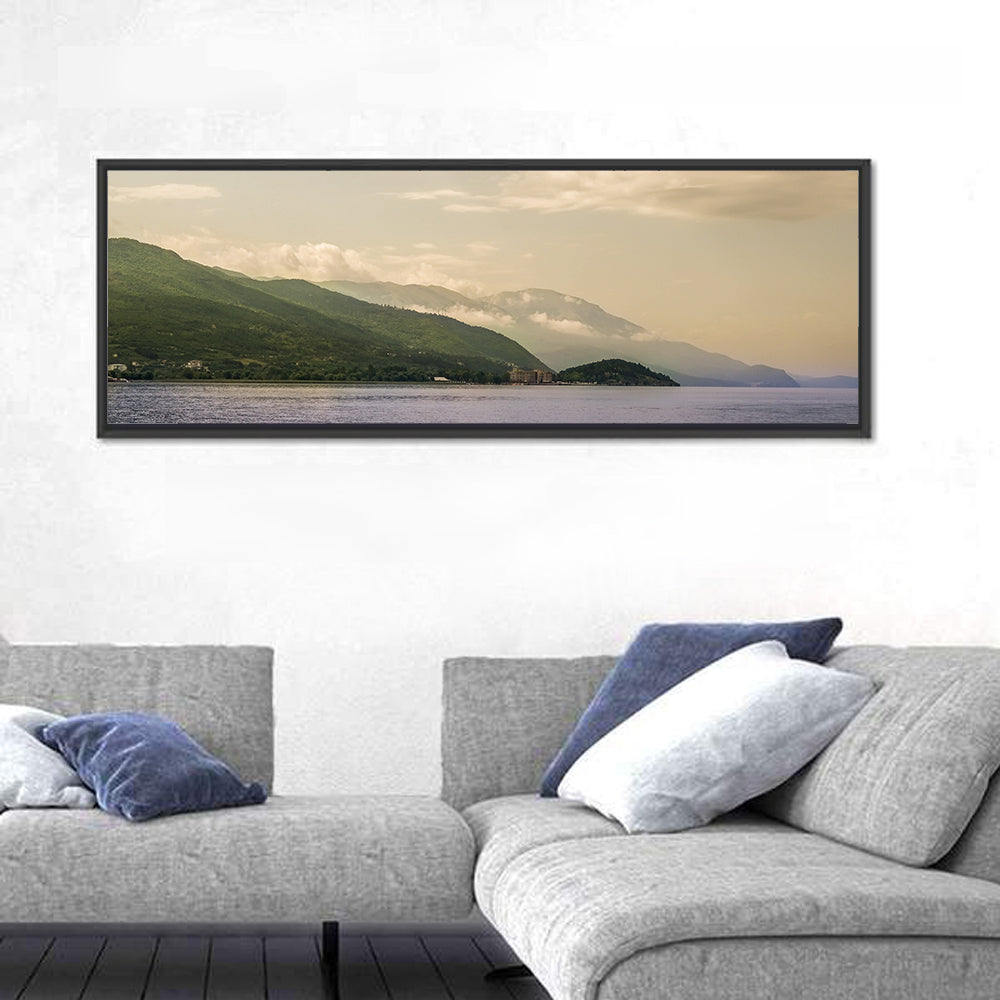 Ohrid Lakeshore Mountain View Wall Art in a room, panoramic