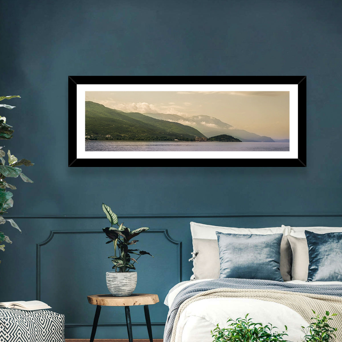 Ohrid Lakeshore Mountain View Wall Art in a room, panoramic
