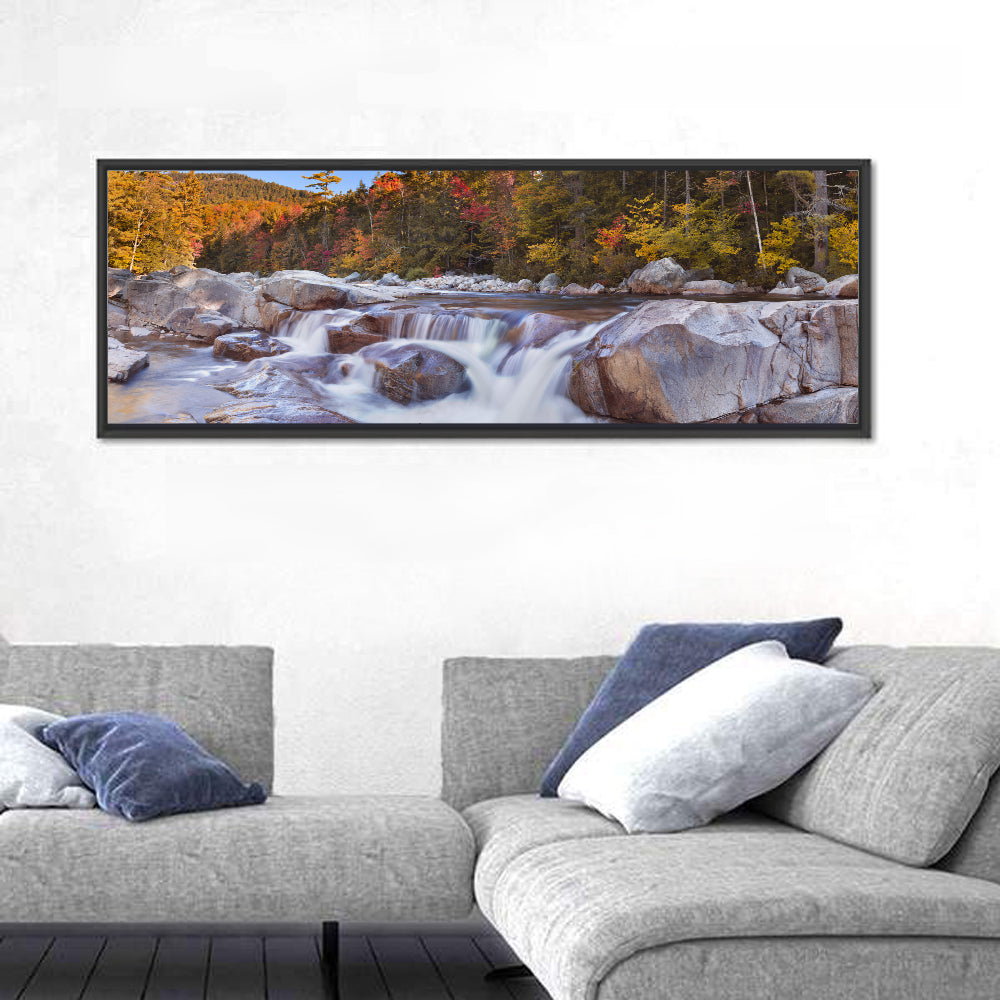 White Mountain Autumn River Wall Art in a room, panoramic