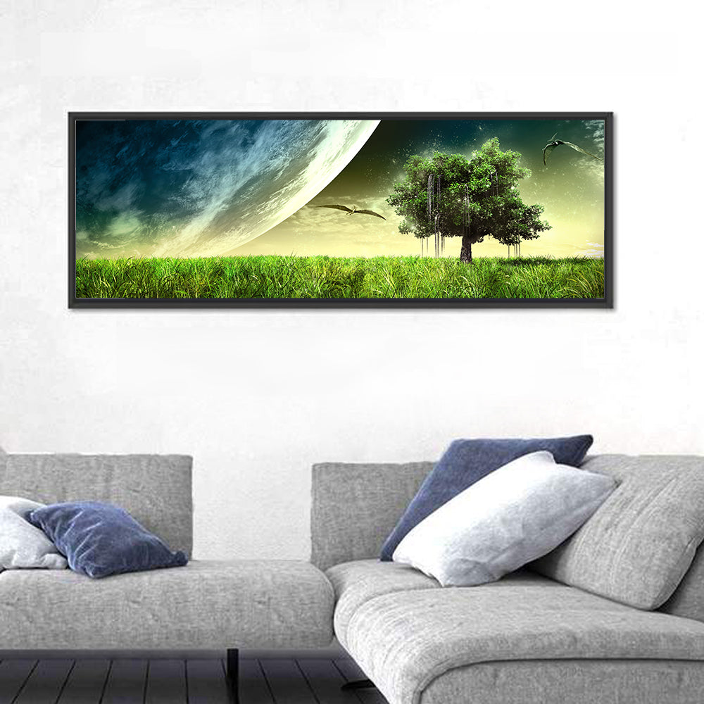 Alien Meadow Under a Giant Planet Wall Art in a room, panoramic