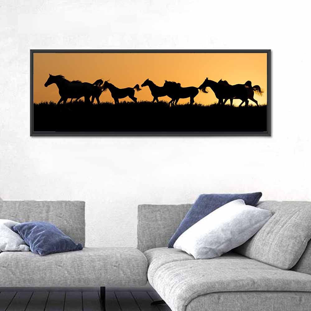 Arabian Horse Silhouettes at Sunset Wall Art in a room, panoramic