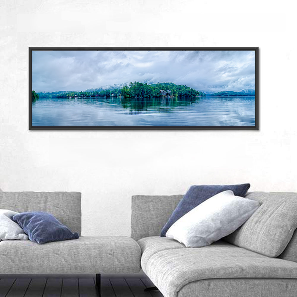 Lake Santeetlah Reflection Wall Art in a room, panoramic