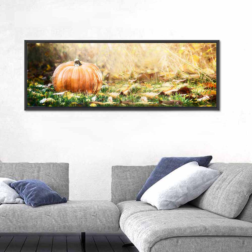 Autumn Pumpkin in Golden Foliage Wall Art in a room, panoramic