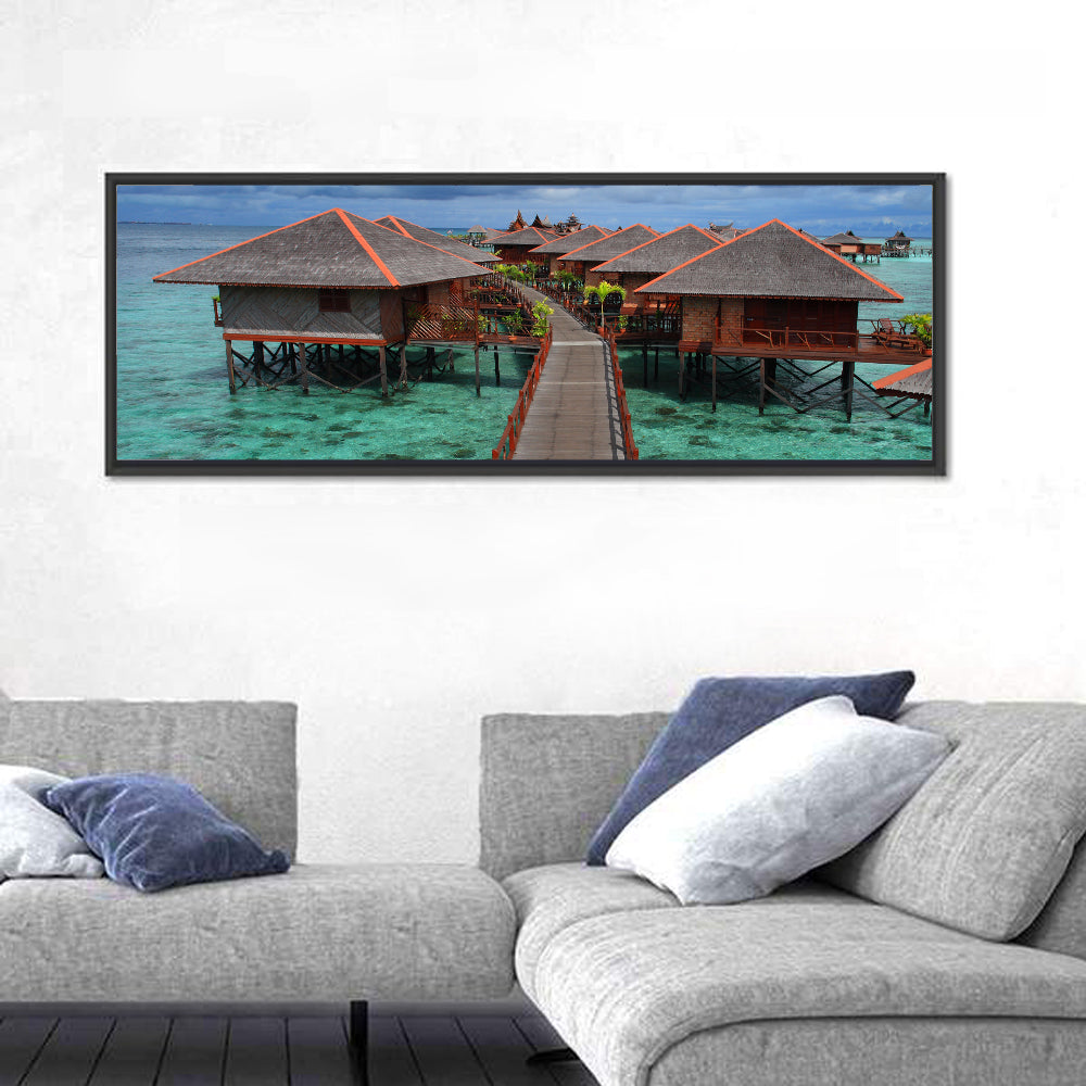 Overwater Bungalows Boardwalk Over Turquoise Sea Wall Art in a room, panoramic