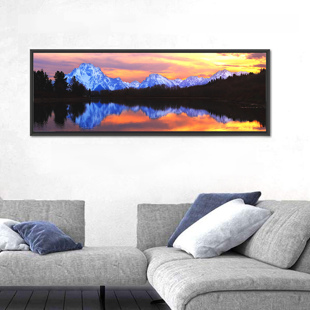 Grand Teton Sunset Reflection Wall Art in a room, panoramic