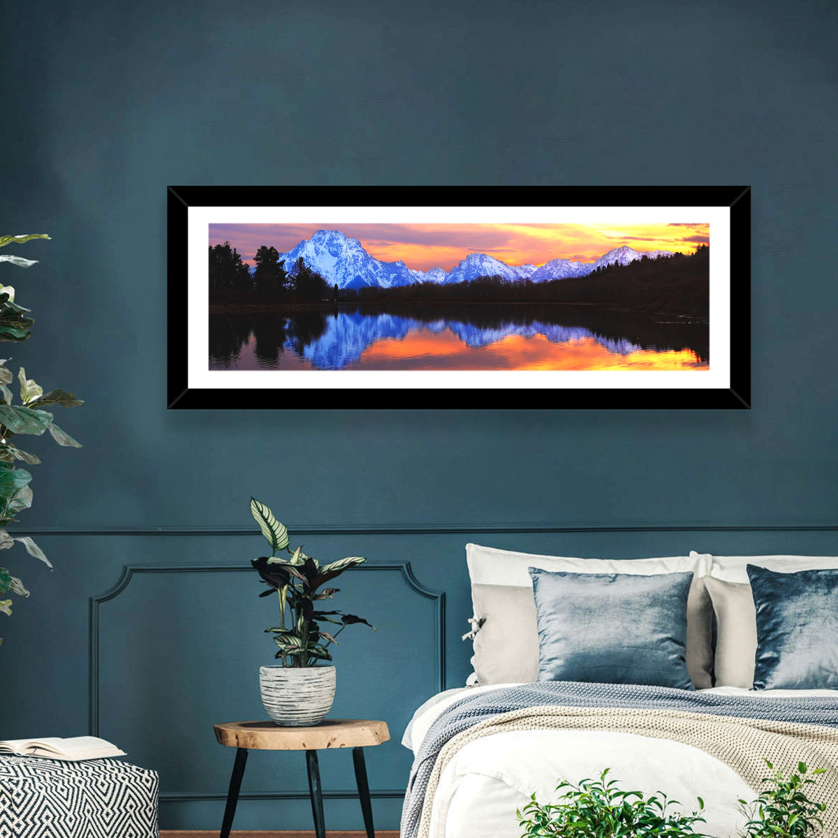 Grand Teton Sunset Reflection Wall Art in a room, panoramic