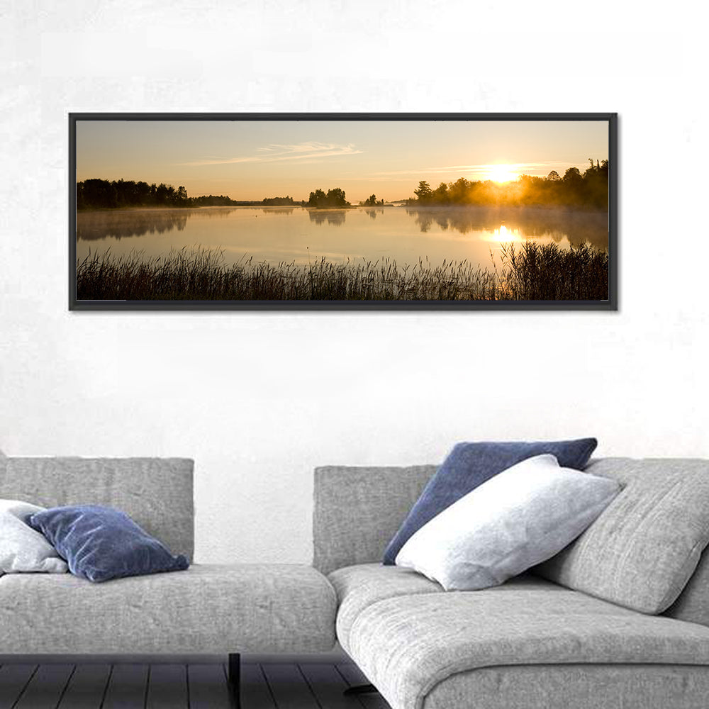 Tranquil Minnesota Lake Wall Art in a room, panoramic