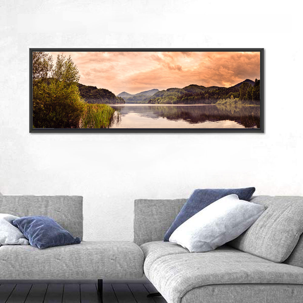 Cloudy Lake at Golden Hour Wall Art in a room, panoramic