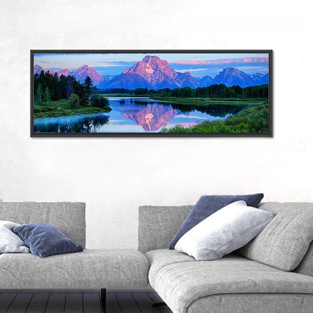 Oxbow Bend Dawn Reflection Wall Art in a room, panoramic