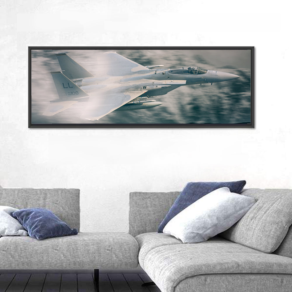 F-15 Fighter Jet Wall Art in a room, panoramic