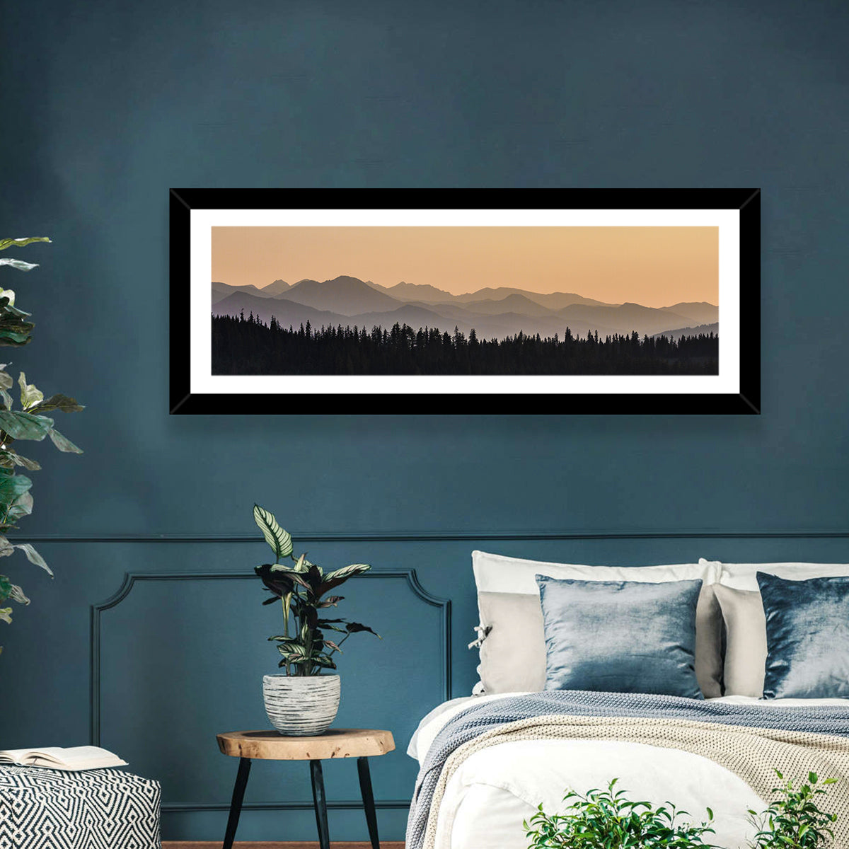 Lavender Mountain Ridge Silhouettes Wall Art in a room, panoramic