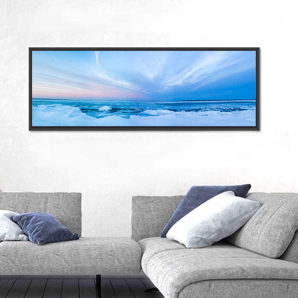 Frozen Blue Seascape Wall Art in a room, panoramic