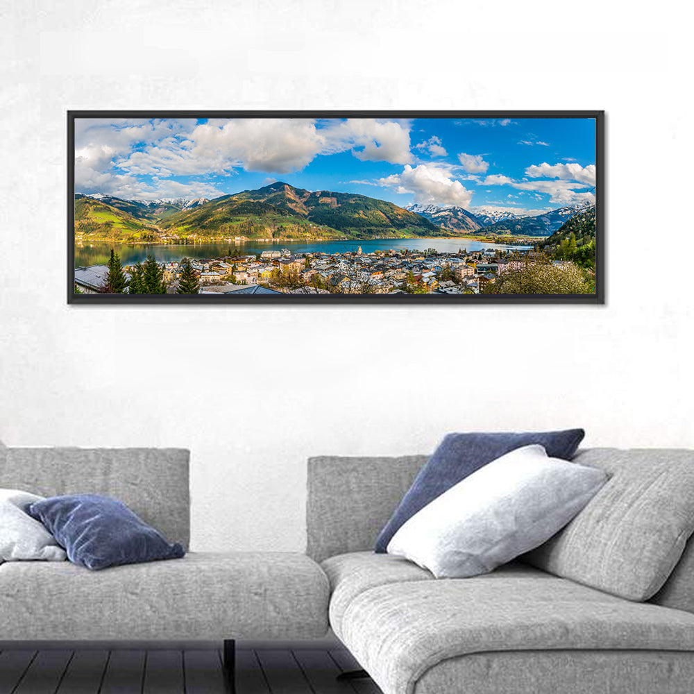 Zell Am See Shoreline Wall Art in a room, panoramic