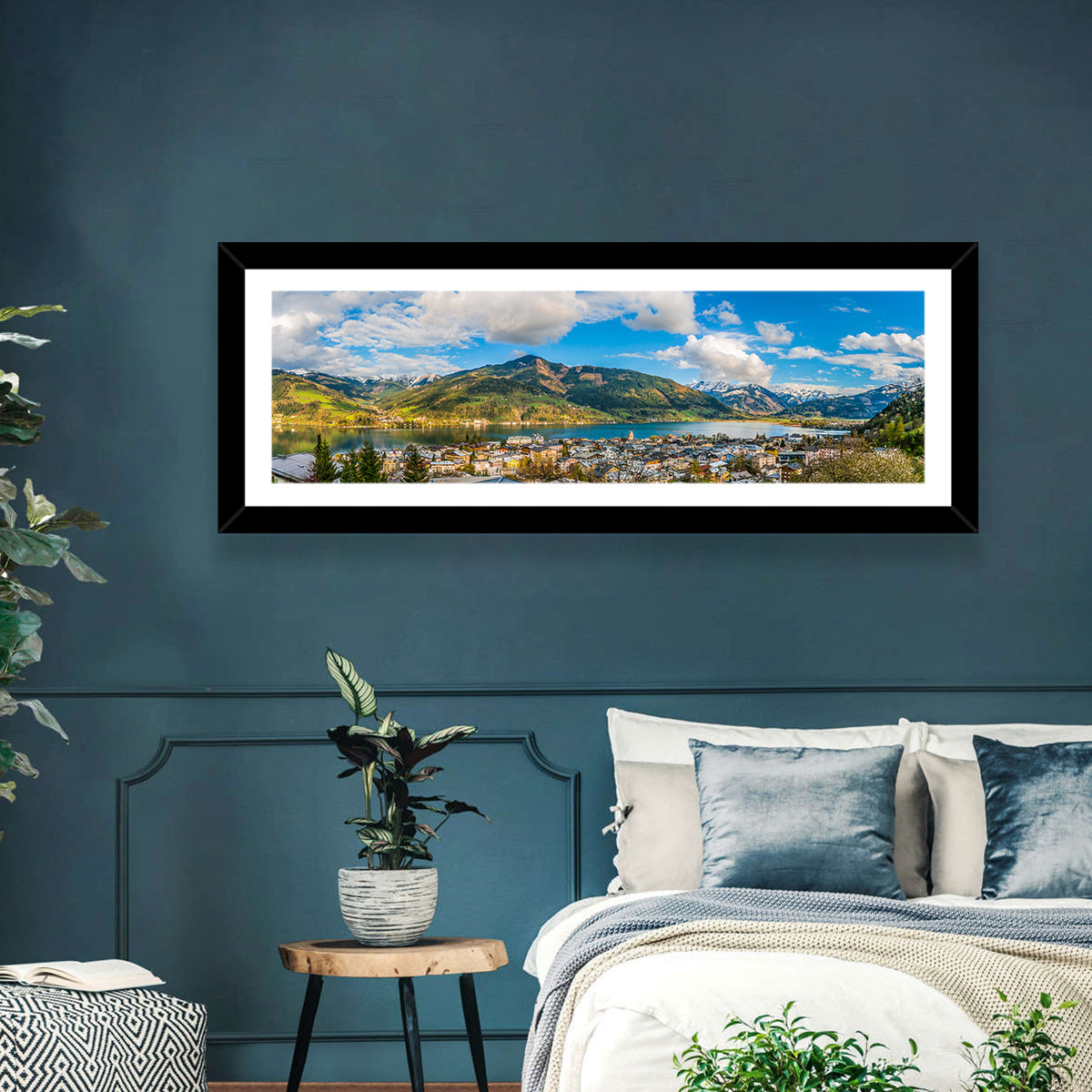 Zell Am See Shoreline Wall Art in a room, panoramic